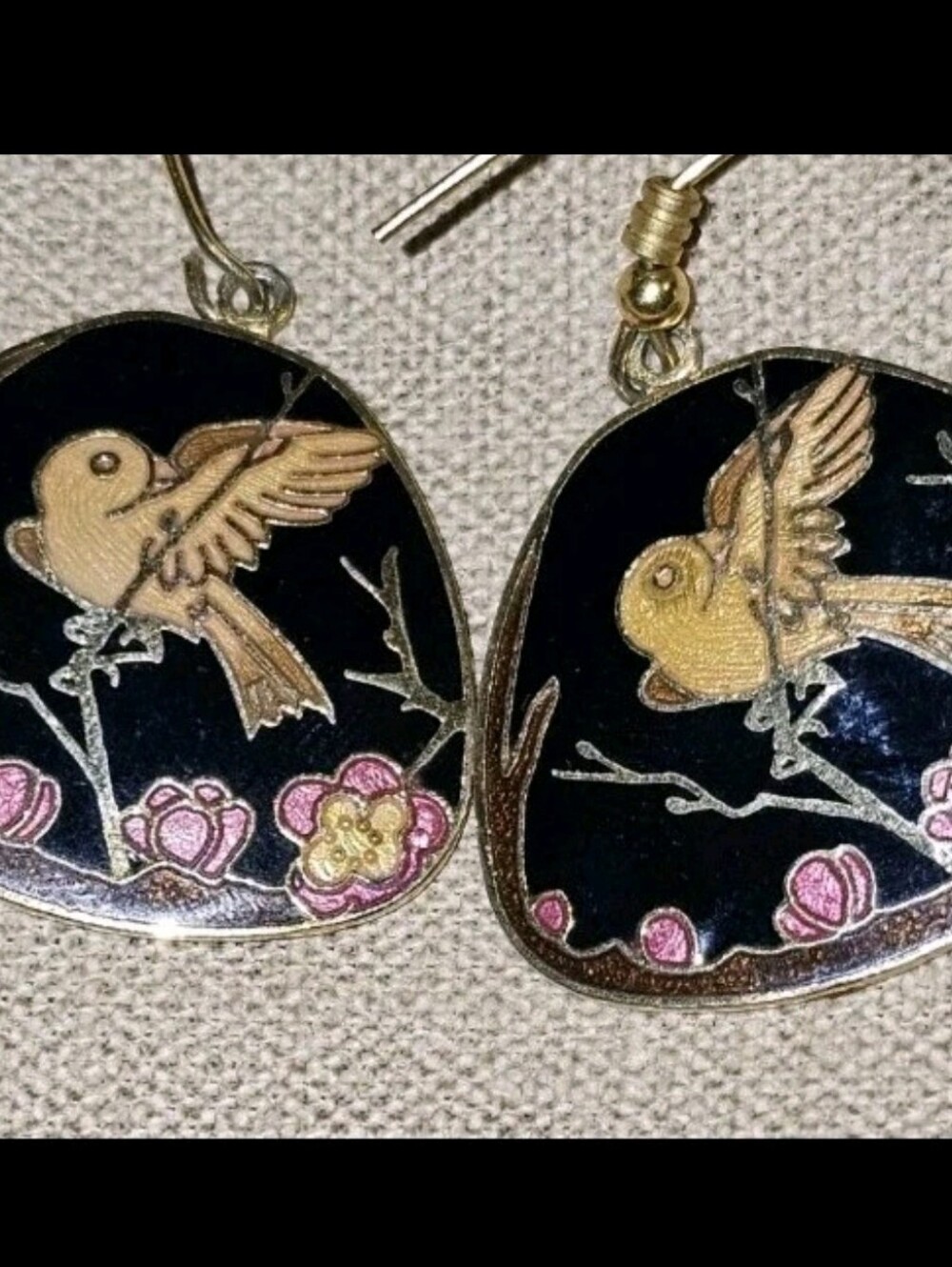 Vintage Carrib Enamel Bird Dangle Earrings 1980s Cloisonne Style Black Gold